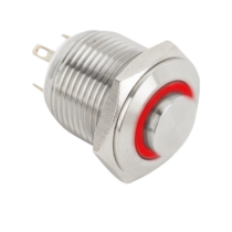 Mikrokapcsolós nyomógomb LED-es - NO - 16mm - piros - cseppálló (IP65) PB-16-NO(LED)-rd