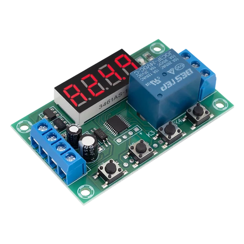Relés időzítő és késleltető modul kijelzővel - 32 üzemmód - 0,01 mp - 999 perc T-100R-PRO-24V