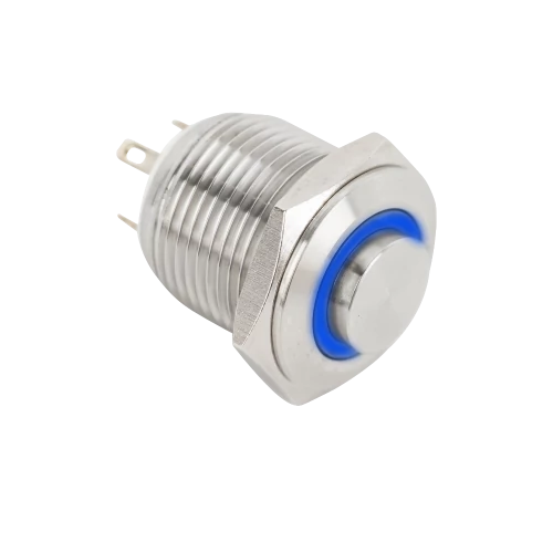 Mikrokapcsolós nyomógomb LED-es - NO - 16mm-kék - cseppálló (IP65) PB-16-NO(LED)-bl