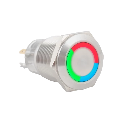 Kimagasló felületű nyomógomb 19mm-es furathoz-NO/NC piros-zöld-kék LED gyűrűvel PB-19-NONC(LED)-rdgnbl