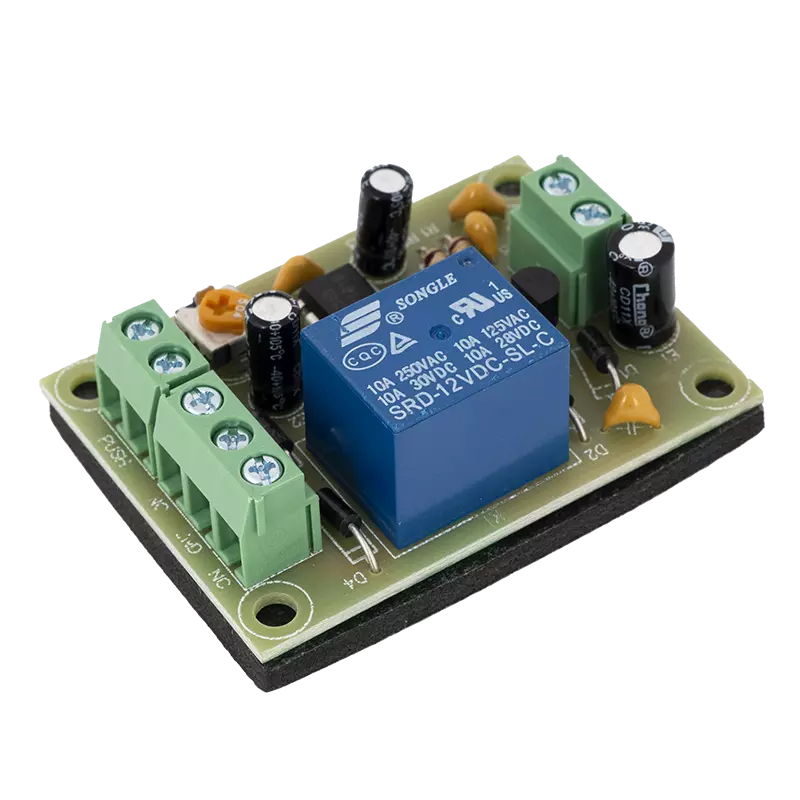 Időzítő modul relés 12V DC vezérléssel 0-30mp időzítéssel PCB-505